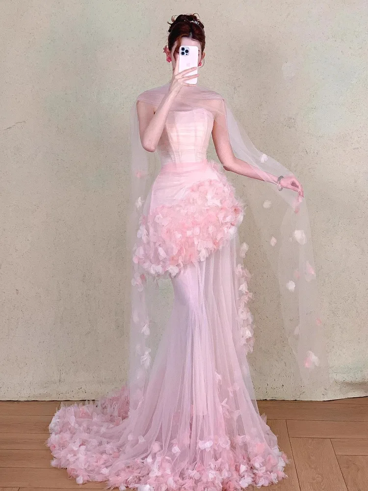 Розовые длинные свадебные платья по индивидуальному заказу, женские тюлевые цветы без бретелек со складками, Русалка, вечерние платья для выпускного вечера, танцевальные свадебные вечерние платья