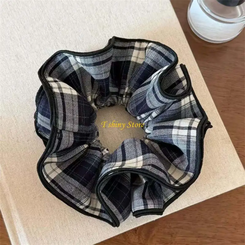 N58F Ruched Hair Scrunchy Plaids Pattern Hairpieces Elegant Satins Headdress