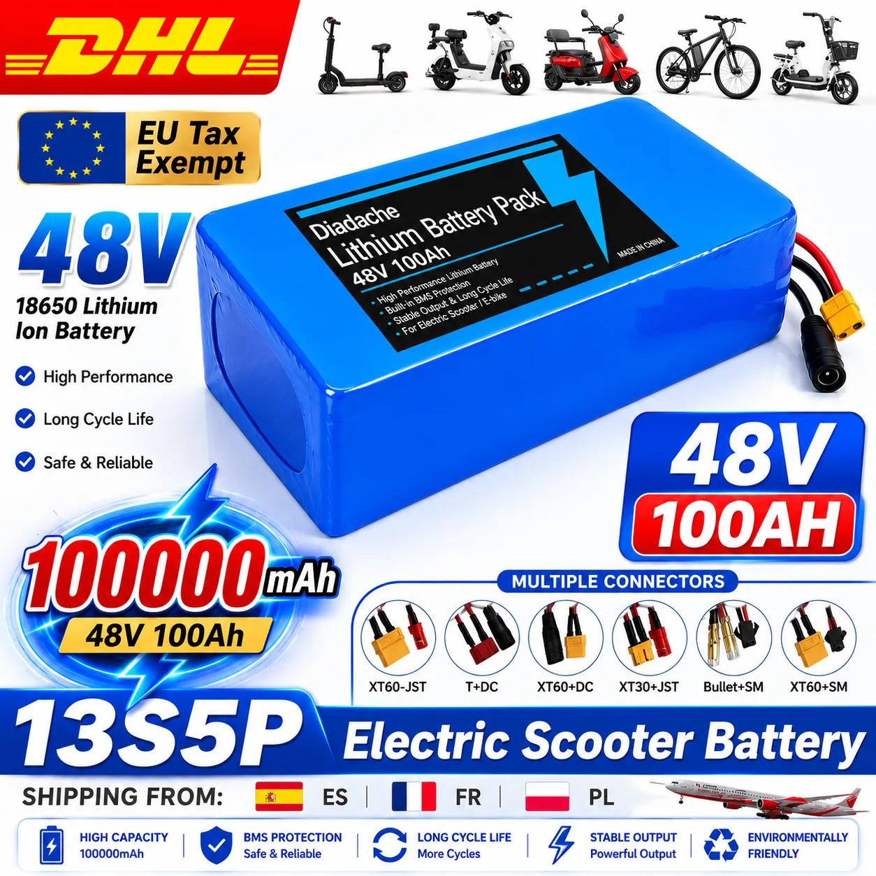 Leistungsstarker Akku 13S5P 48V 100Ah 18650 Lithium-Akku mit integriertem intelligenten BMS, geeignet für 250-1000W Motoren.
