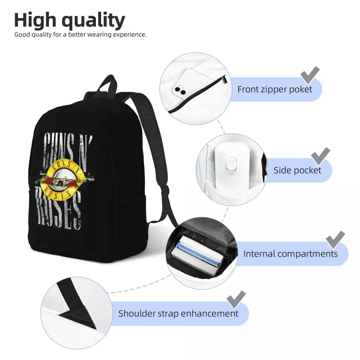 guns n roses Cool Backpack Outdoor High School Work Daypack for Men Women Laptop Computer Shoulder Bag