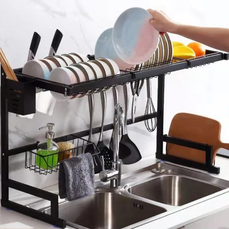 65/85cm Stainless Steel Dish Rack Drainer Kitchen Storage Drying Shelf Tray Over Sink Utensil Holder Drain Kitchen Organizer