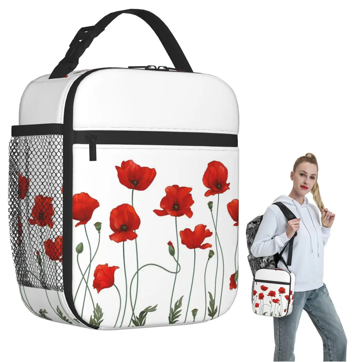 Poppy Stems Insulated Lunch Bag for Women Children Leakproof Food Boxes Thermal Lunch Box Tote