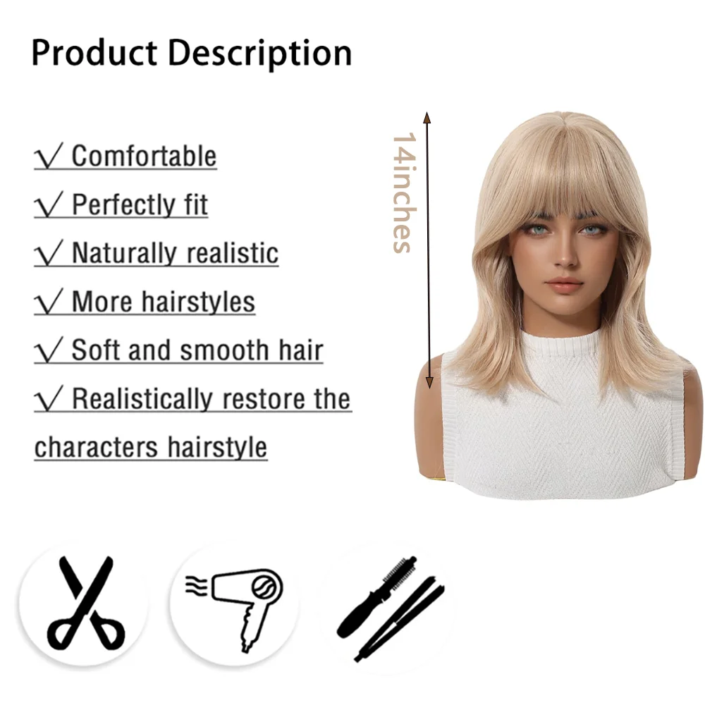 Platinum Blonde Layered Wig With Fringe Medium Bob Wig Straight Wavy Heat Resistant Synthetic Hair For Women Party Cosplay Daily