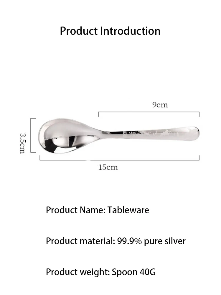 Pure Silver 99.9% Pure Silver Spoon Baby Elderly Silver Spoon Pure Silver Tableware Household Rice Spoon Soup Spoon