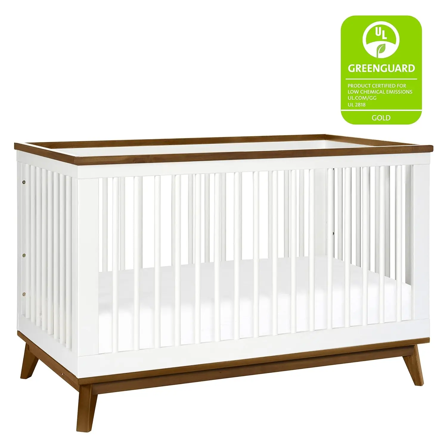 Scoot 3-in-1 Convertible Crib with Toddler Bed Conversion Kit in White and Natural Walnut, Greenguard Gold Certified