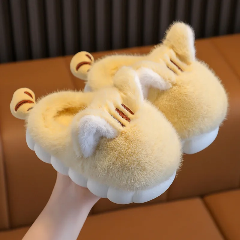 Kids'Slippers Plush Cartoon Winter Flat Shoes For Children Anti-slip Thick Bottom Home Slipper Yellow Pink Shoes Size 24-41