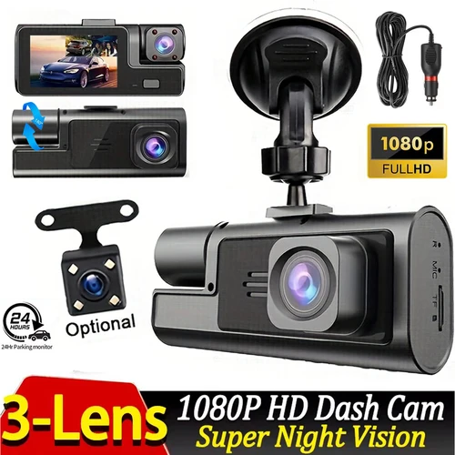 DashCam voiture cámara de grabación de coche de 3 canales DVR 1080P visión nocturna 24h grabadora de vídeo de estacionamiento cámara de salpicadero automática delantera interior trasera
