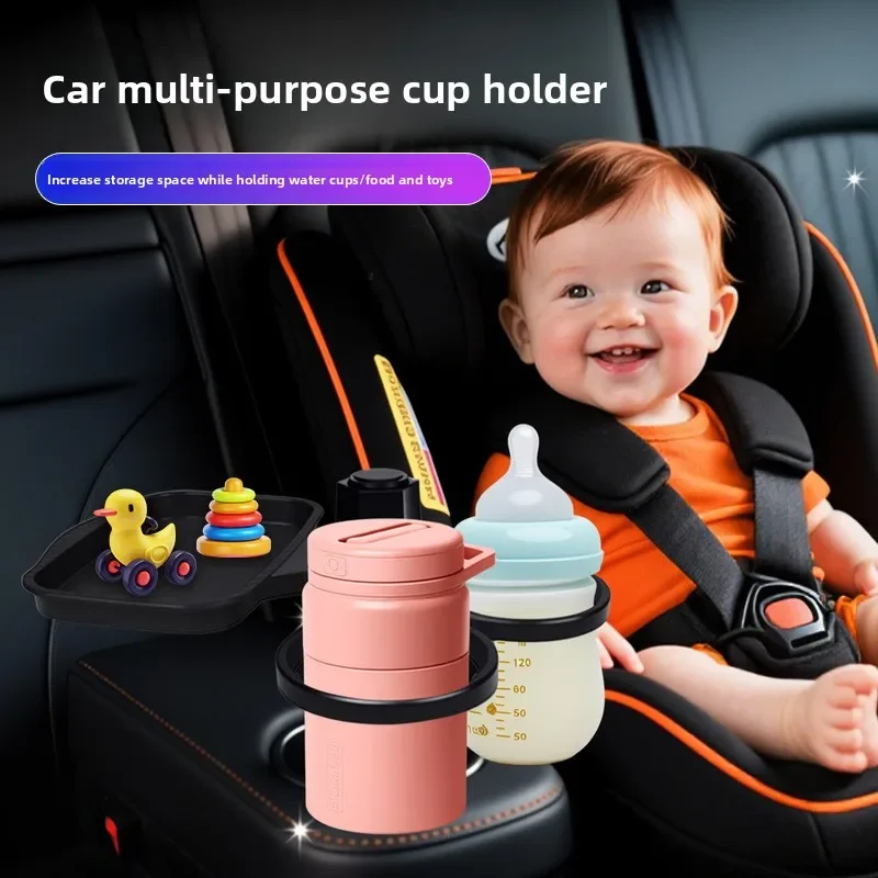 Car Cup Holder Tray with 360° Rotatable Phone Stand Multi-Functional Foldable Dining Desk with 2 Cup Holders & Expandable Food