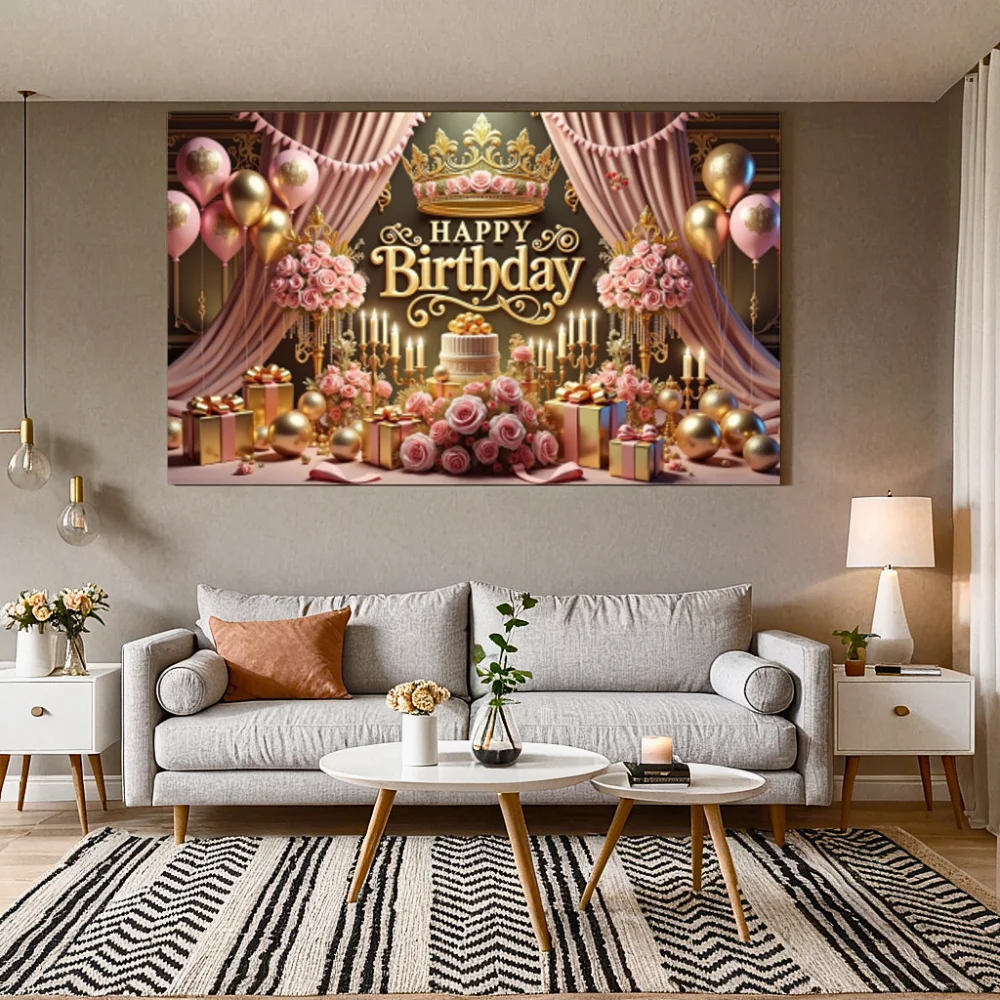 Aniversário feliz cenários festa fundo banner rosa ouro balão coroa padrão decoração do quarto cartaz suprimentos de parede