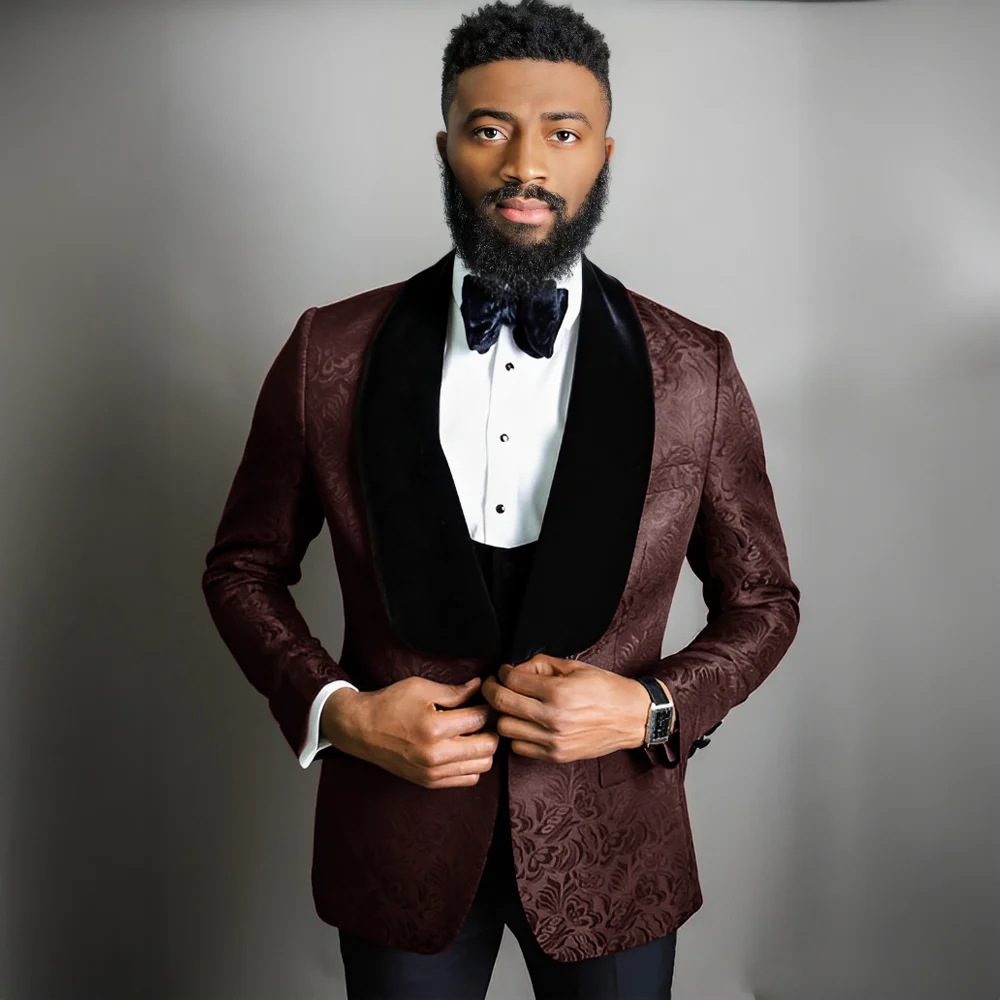 One Button Men Suits Black Pattern Groom Tuxedos Shawl Velvet Lapel Groomsmen Wedding Best Man ( Jacket+Pants+Vest+Tie )