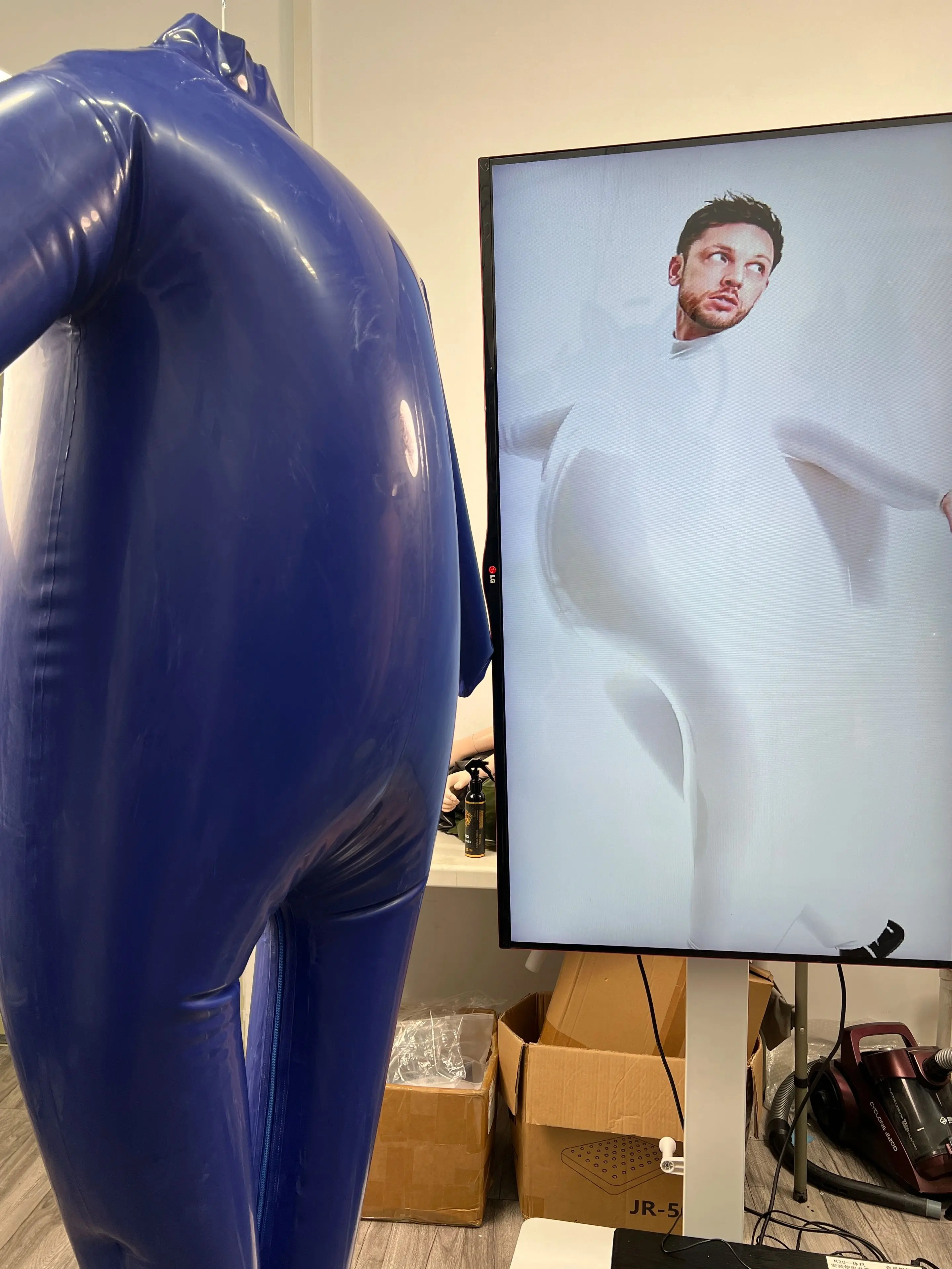 Men Stage Wear Blue High Gloss Balloon Full Body Suit Funny Visual Trick