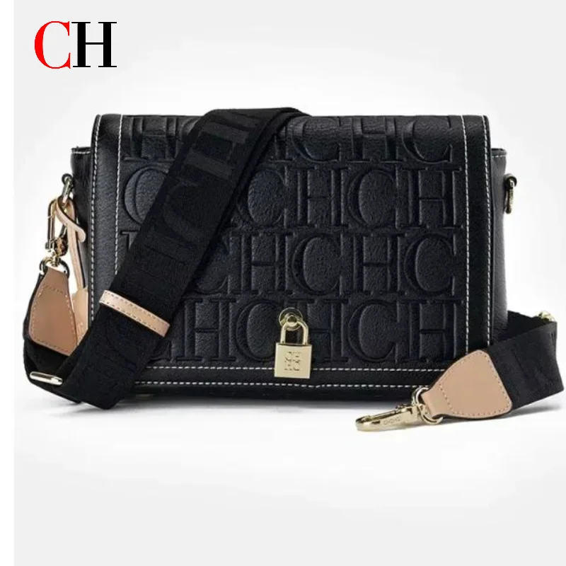 CH Crossbody Bag For Women PU Leather Metal Lock Decor Flap Shoulder Bag Adjustable Wide Strap Daily Commute Ladies Purse