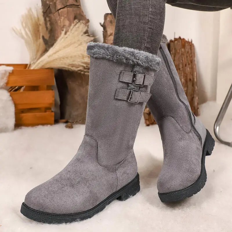 

Vintage Metal Belt Buckle Suede Furry Snow Boots Women 2025 Winter Warm Plush Mid Calf Boots Woman's Thick Bottom Long Booties