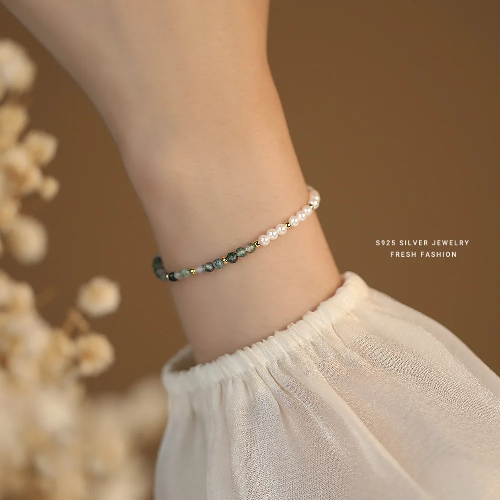 S925 Sterling Silver Natural Water Grass Agate Glass Pearl Bracelet Women's Exquisite Design Temperament Fashion Jewelry
