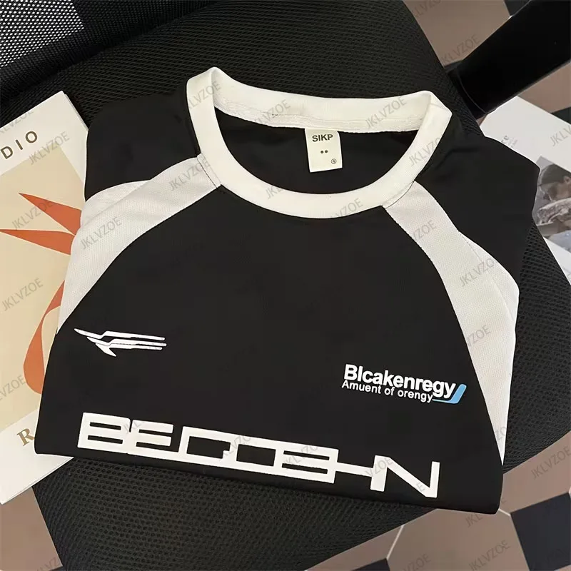 New Summer American Vintage Motorcycle Short Sleeve Women T-shirt High Street Fashion Brand Color Matching Unisex T-shirt