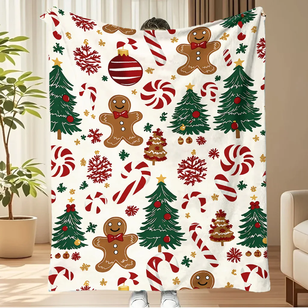 Merry Christmas Blanket Christmas Tree Gingerbread Man Red Flannel Blanket for New Year Christmas Gift for Family Nana Mon Dad