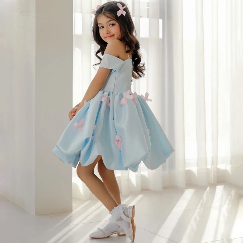 Customized Flower Girl Dresses Satin With Pink Bow Short Sleeve For Wedding Birthday Party Casual Banquet Princess Gown