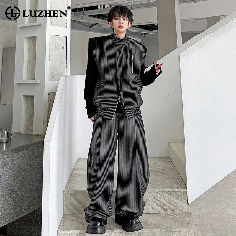 LUZHEN 2026 New Stripe Printed Korean Two-piece Sets Men's Fashion Handsome Sleeveless Vest Coat Loose Straight Trousers JY8716