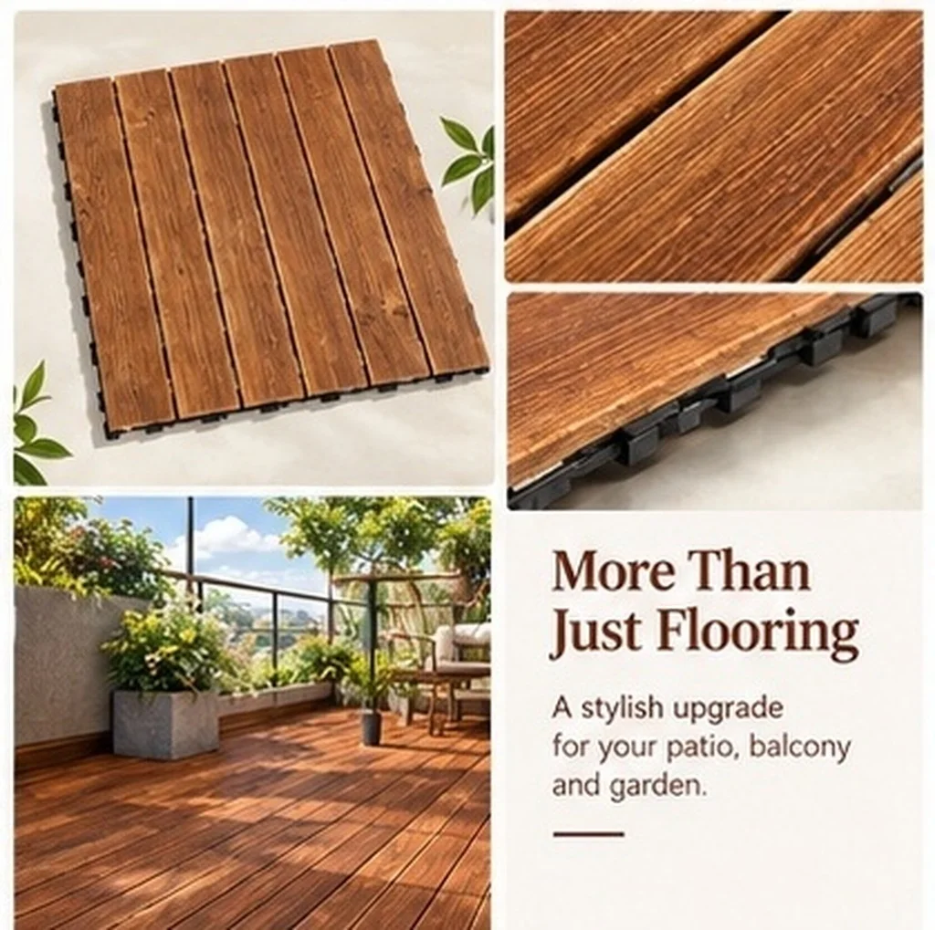 Carbonized Wood Deck Tiles Outdoor Flooring Interlocking Wooden Patio Balcony Floor Covering Smooth Durable Surface