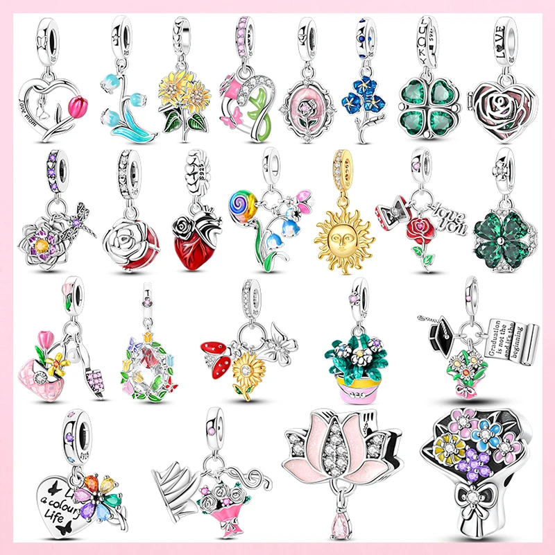 Blumen-Serie Anhängerperlen 925 Sterling Silber Anhänger in Formen von Lotus, Tulpe, Rose, Nelke Armbänder Damenschmuck DIY Geschenk