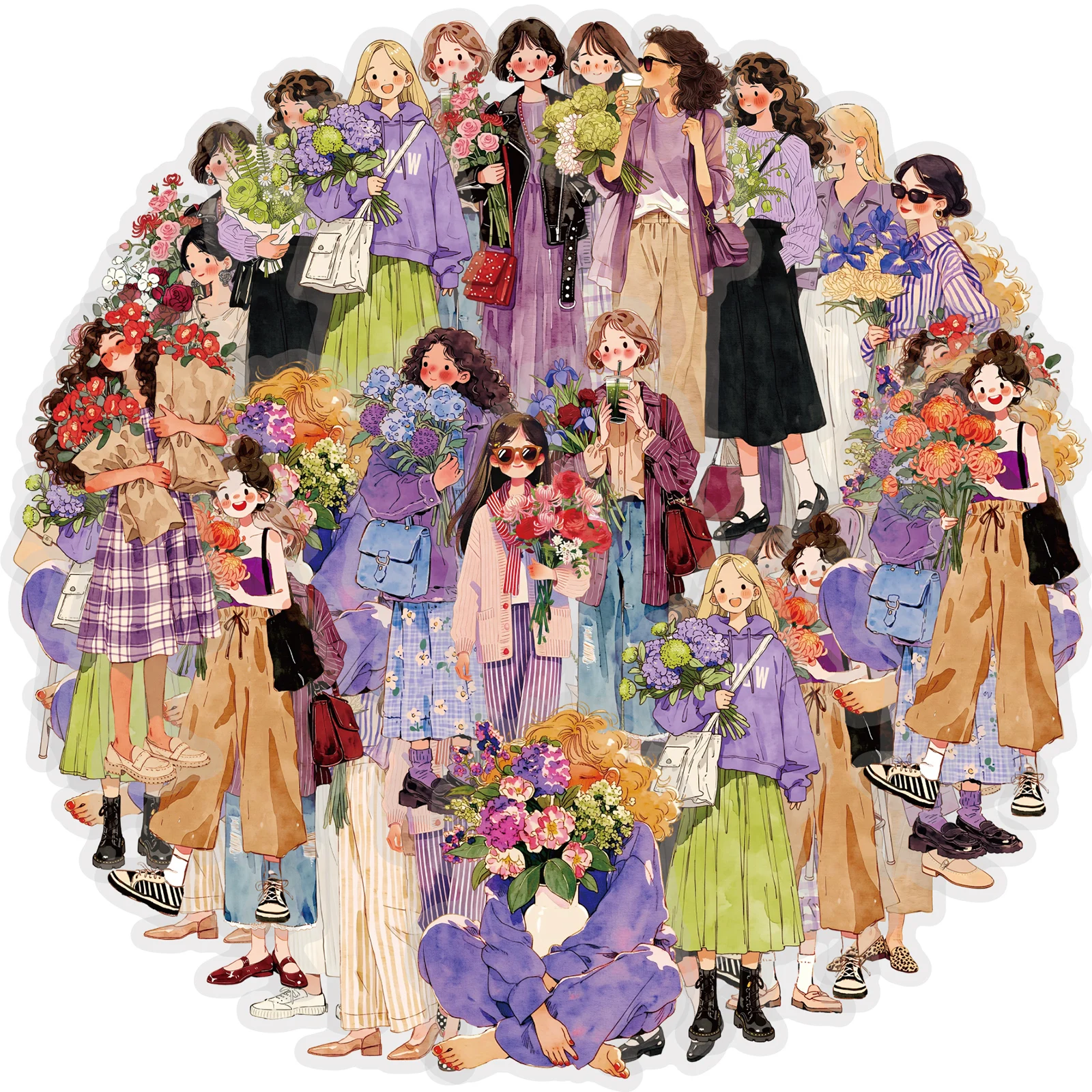 Etori Life 15pcs artistic purple-themed girl character holding flowers stickers are suitable for laptops, phone backs, handbags, water bottles, guitars, postcards and envelopes, scrapbooking supplies, office decoration items, room decoration, student gift bags, gifts for friends, Korean stationery, children's stickers
