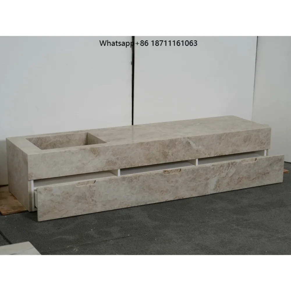 Custom Modern Design Taj Mahal Quartzite Bathroom Vanity Hotel Villa Single Side Wash Basin with Drawers