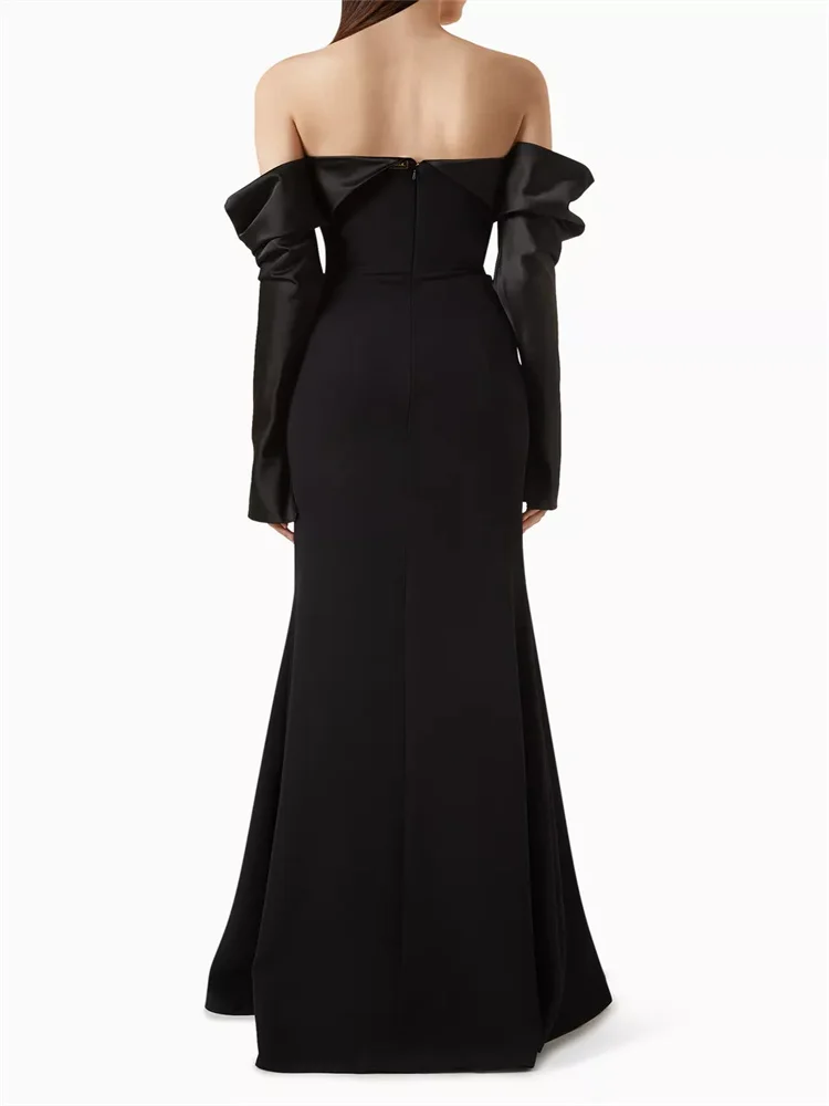 Hot Selling Off-Shoulder Neck Draped Sleeves Satin Sleeves Evening Dress Elegant Back Zipper Floor Length Gown For Women 2024