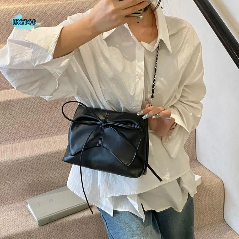 

Simple Bow Tie Design Pu Leather Shoulder Bag Luxury Casual Crossbody Bag Sweet Chain Women's Commuting Bag Girls