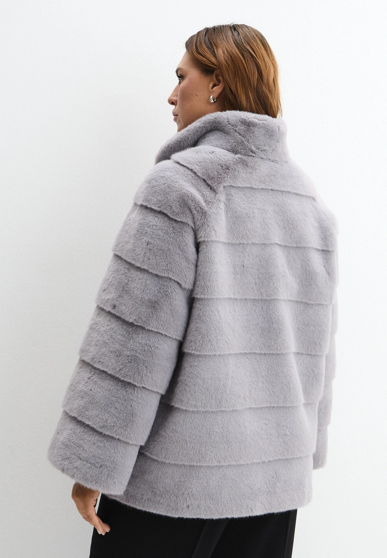 DFDG Women Faux Fur Mid Coat Stand Collar Horizontal Spliced Panel Thick Soft Plush Winter Fashion Outer Garment Casual Wear Fur