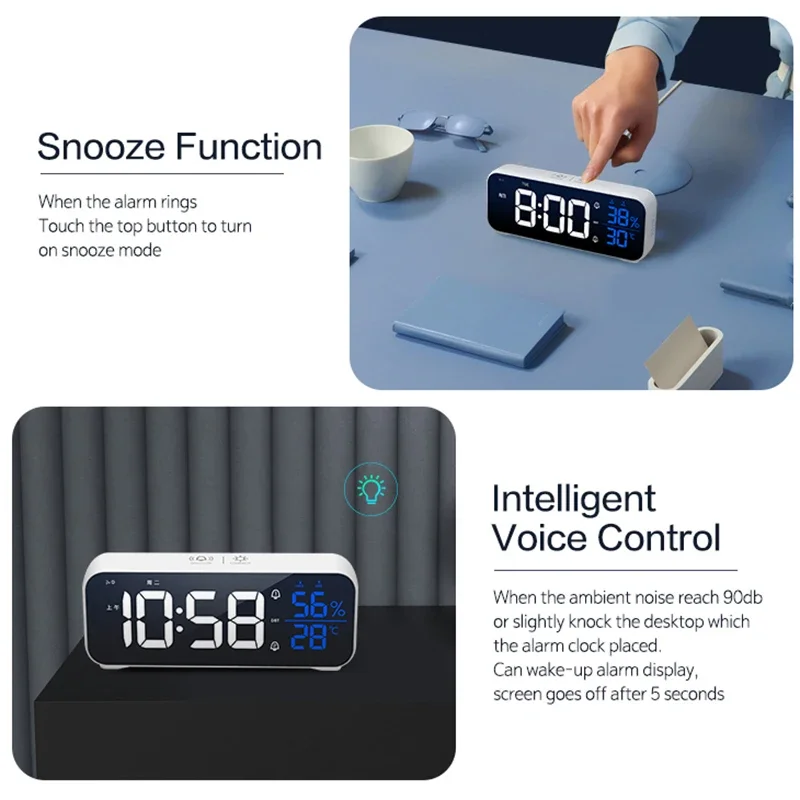 Digital Alarm Clock For Bedroom Table Electronic Clock with Temperature Humidity Weekday & Dual Alarms Ringtones Rechargeable