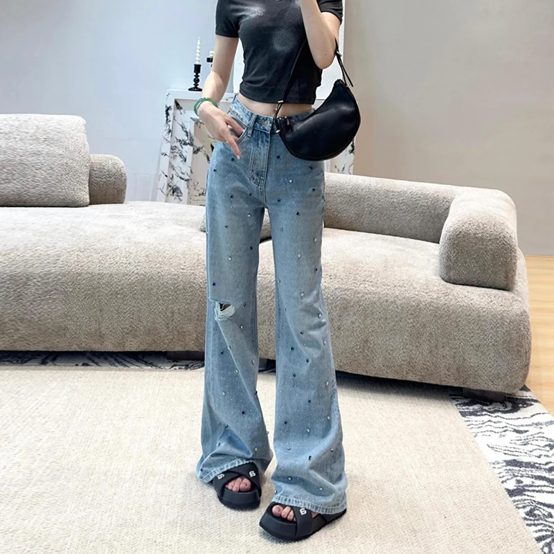 

Women's Chic Diamonds Micro Flare Loose Full Length Jeans Lady Summer Autumn Streetwear High Waist Ripped Hole Long Jeans