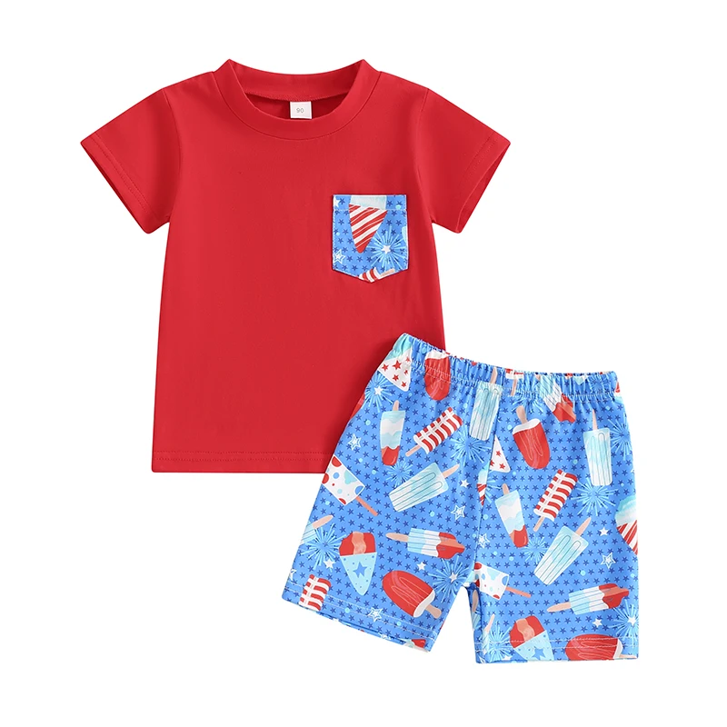 Kids Boys Shorts Set Short Sleeve T-shirt with Popsicle Print Shorts for Independence Day