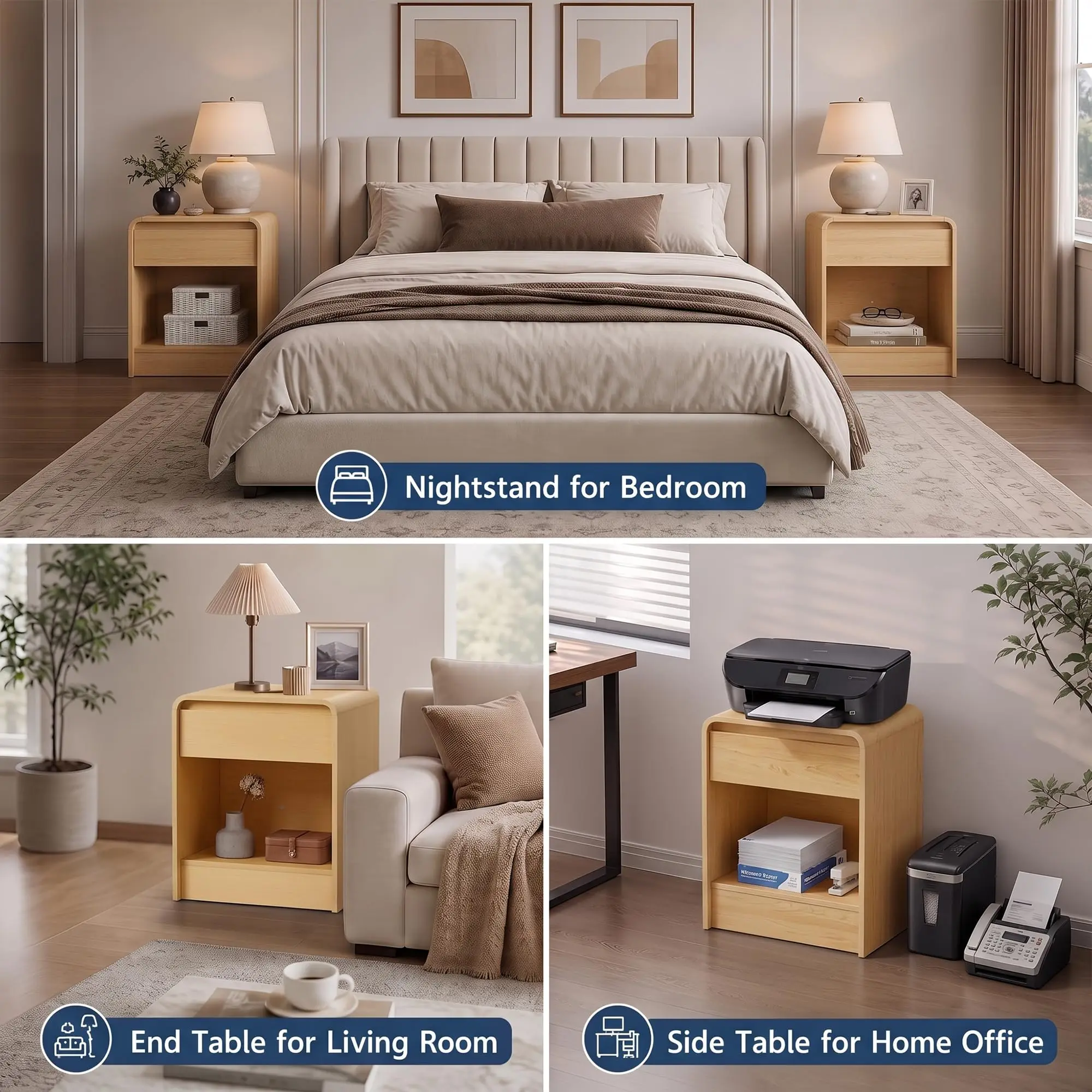 Modern Curved Bedside Table with Drawers & Open Shelf – Wood Grain Finish Bedside Table with Cable Management Hole, 23.62