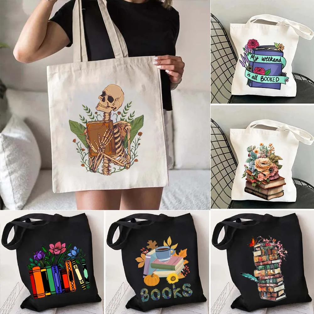 Floral Books Printed Shoulder Bag Literature Book Flower Tote Bag Illustration Girls Cup Book Bag Travel Harajuku Canvas Handbag