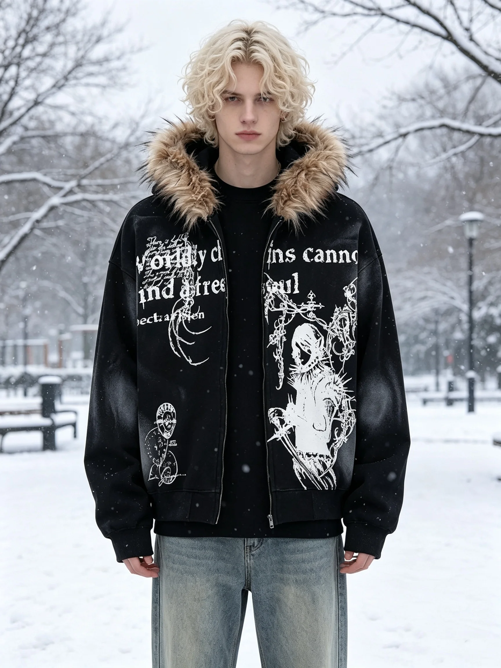 Gothic fur-lined hoodie women's distressed gradient dark character print zipper cardigan American vintage Y2K streetwear coat