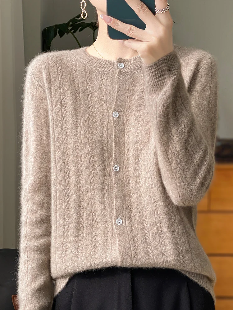 

2024 New Autumn Winter Women Cable Stitch Cashmere Sweater 100% Merino Wool Knitted Hollow Cardigan O-Neck Fashion Top Coat