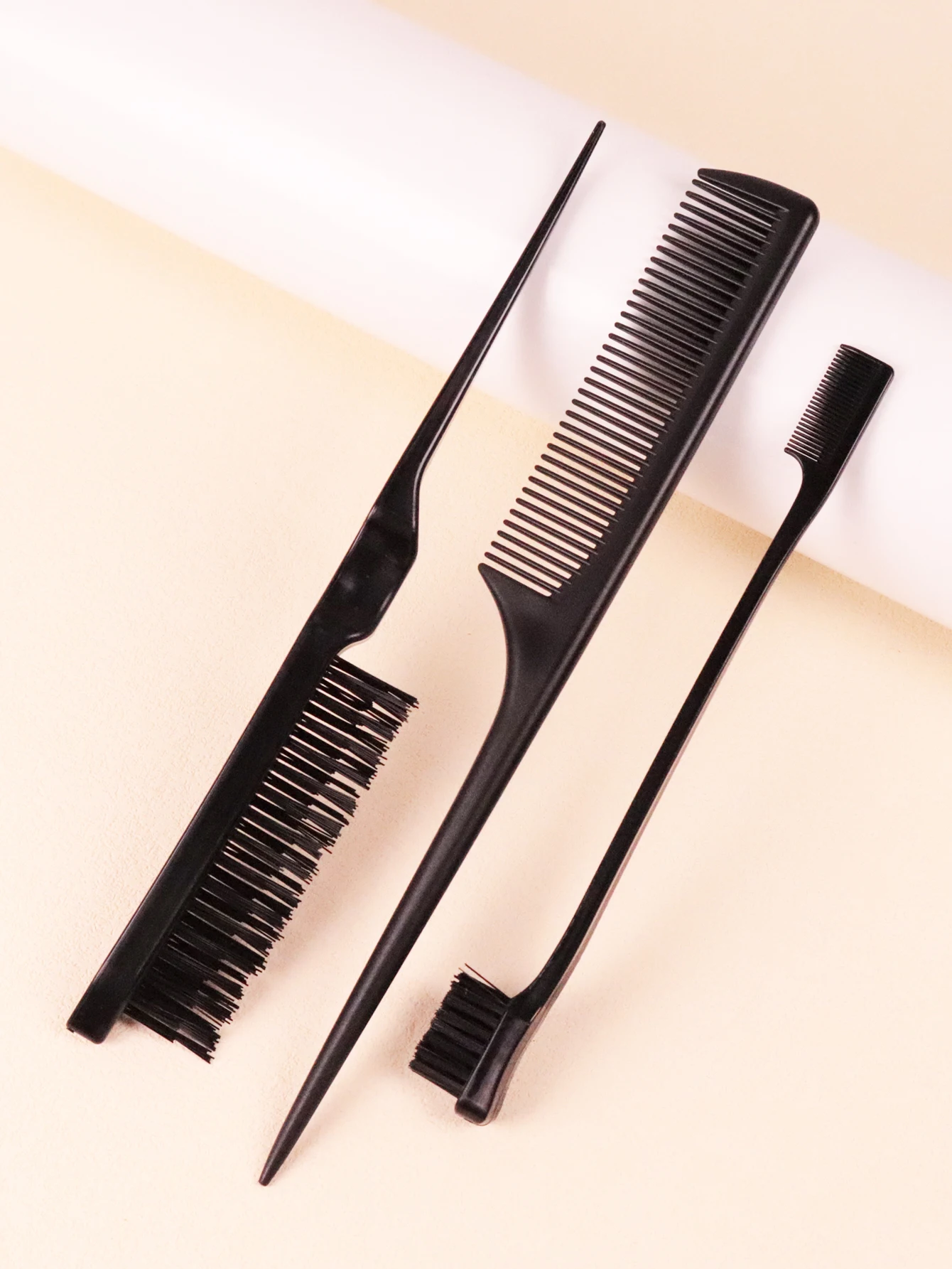 مجموعة مشط مكونة من 3 قطع، مشط ذيل الفئران البلاستيكي السميك، فرشاة نايلون ثلاثية، فرشاة تحكم في الحواف خاصة بشعر مستعار حقيقي
