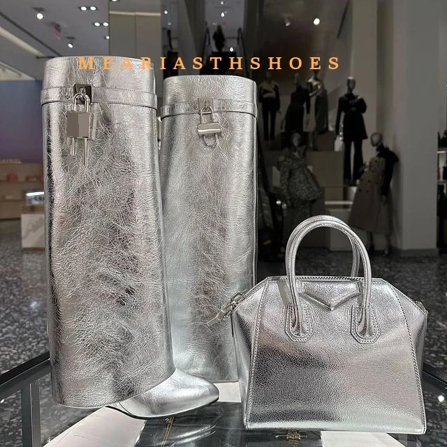 

Designer Height Increasing Leather Women's Long Boots Autumn Winter 2025 Wide Calf Shark Boots Woman Wedge Heel Knee High Botas