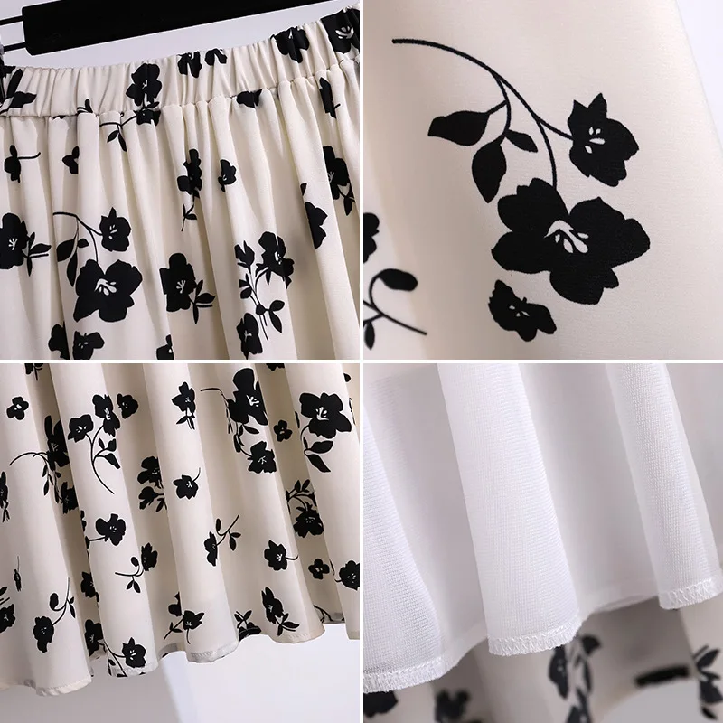 175Kg Plus Size Women\'s Summer Loose Floral Chiffon A-Line Skirt Hip 175 Apricot Black 5XL 6XL 7XL 8XL 9XL 10XL