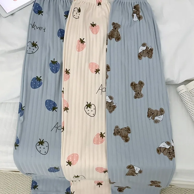 

Летние полосатые женские пижамные штаны с мишкой Тедди, милые штаны с клубничным принтом, свободные и удобные брюки прямого кроя, домашние штаны