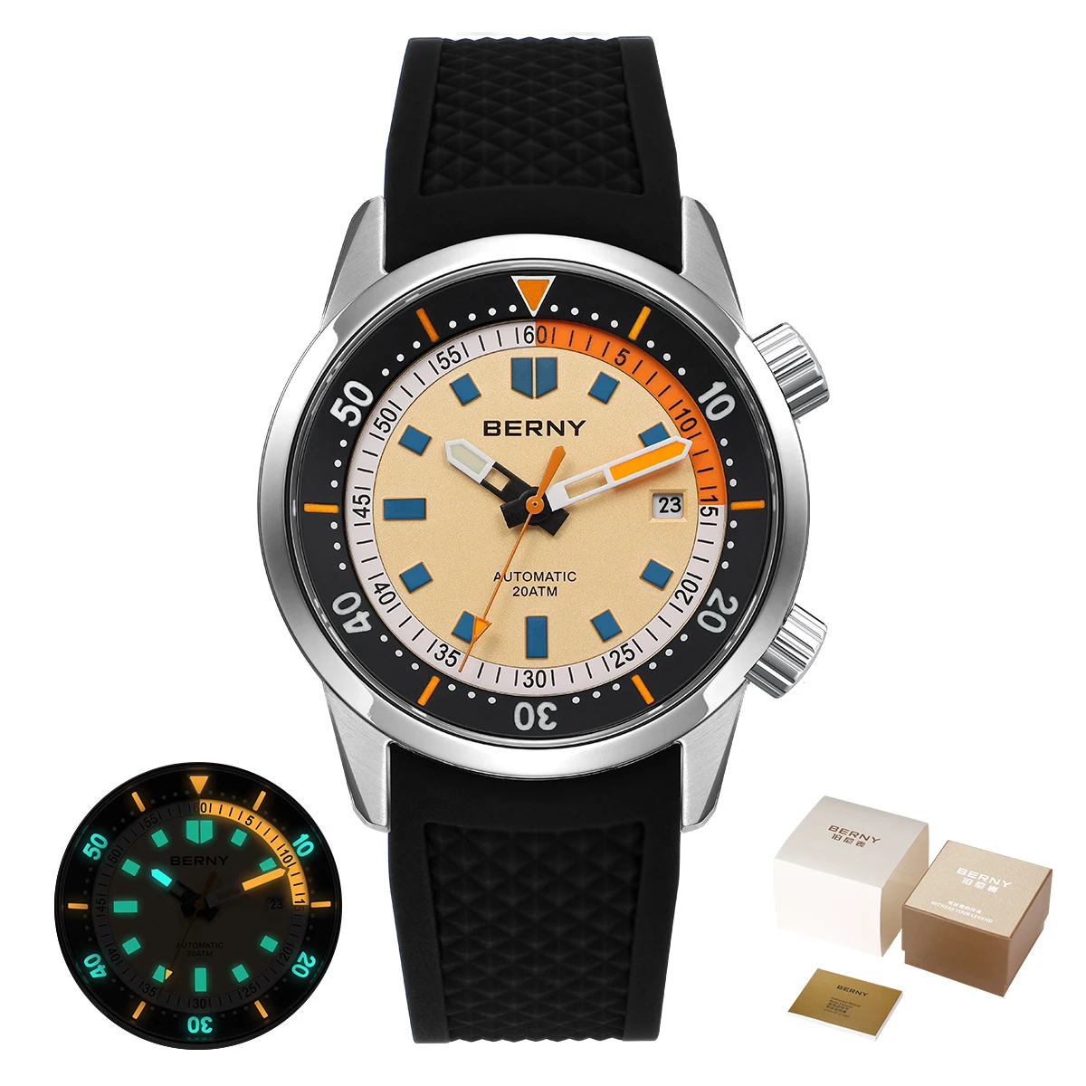 BERNY Herren-Taucheruhren, 200 m wasserdicht, superleuchtend, automatische mechanische Taucheruhr, 42 mm, Saphir-Schwimm-Tauch-Armbanduhr 8