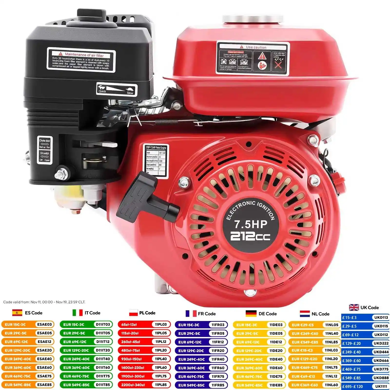 Motore a benzina a 4 tempi 212CC, motore a benzina con avviamento a strappo da 7,5 HP 4KW Motore OHV monocilindrico raffreddato ad aria 3600 giri/min Albero motore da 20 mm