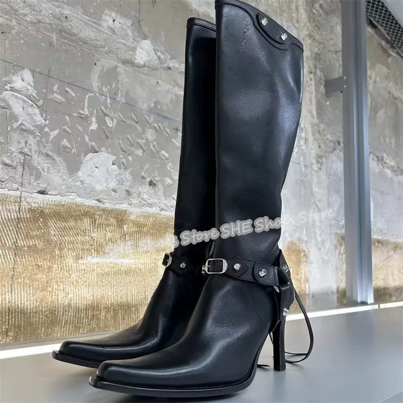 

Punk Rivet Decor Belt Buckle Women Knight Boots Balck Leather Pointed Toe High Heel Long Boots Ladies Leisure Knee High Boots