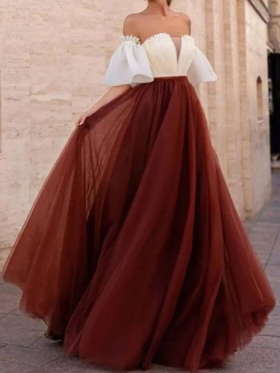 Robe de Princesse en Tulle pour Femme, Tenue de Bal, Col en V, Demi Manches, A-ligne, Simple, Dos aux, Longueur au Sol