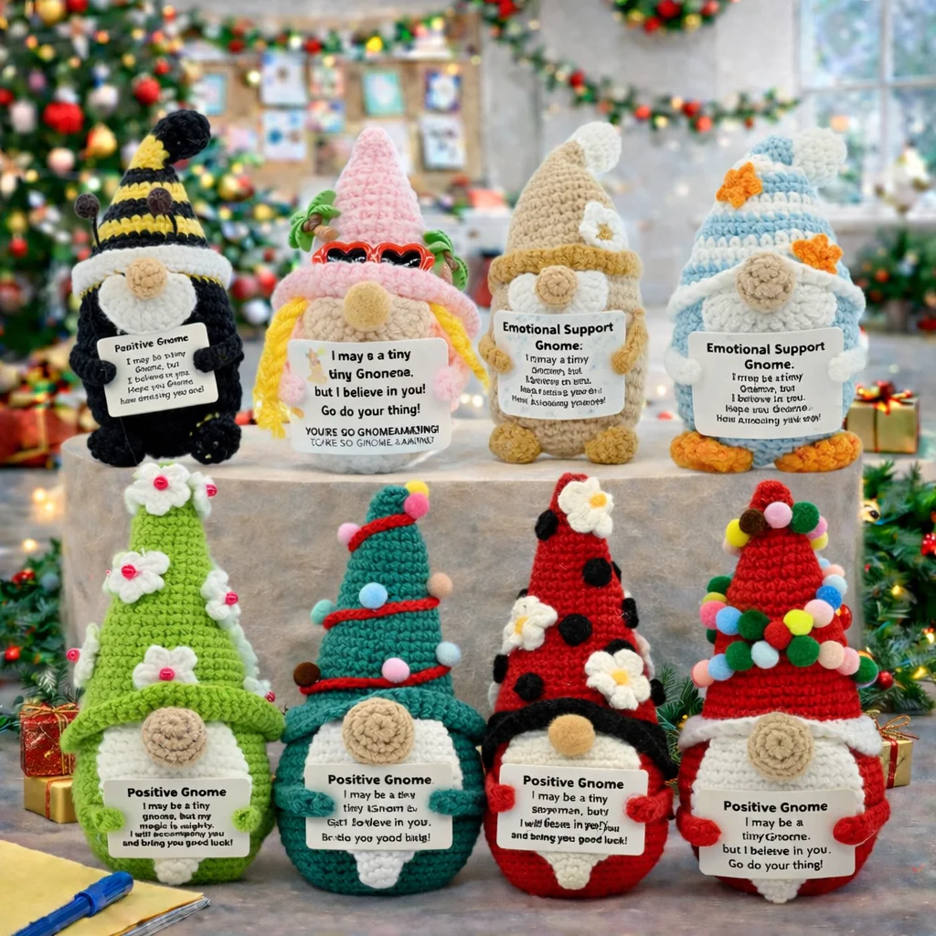 Festival Series Positive Energy Crochet Christmas Santa Gnome Handmade Knitted Doll with Encouragement Card Mini Desk Decor Gift