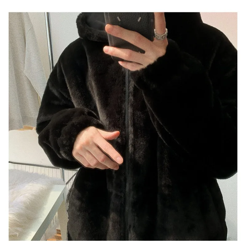 2025 New Winter Faux Lamb Wool Hoodie Jacket for Men Korean Fashion Harajuku Warm Zip Up Hoodie Streetwear Men Clothing Y2k