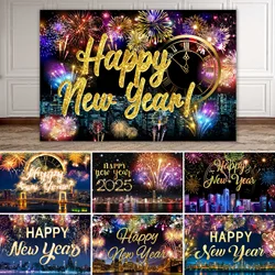 Happy New Year Backdrops Fireworks Clock City ​​Night View 2025 Year's Eve Carnival Family Party Banner Photography Background