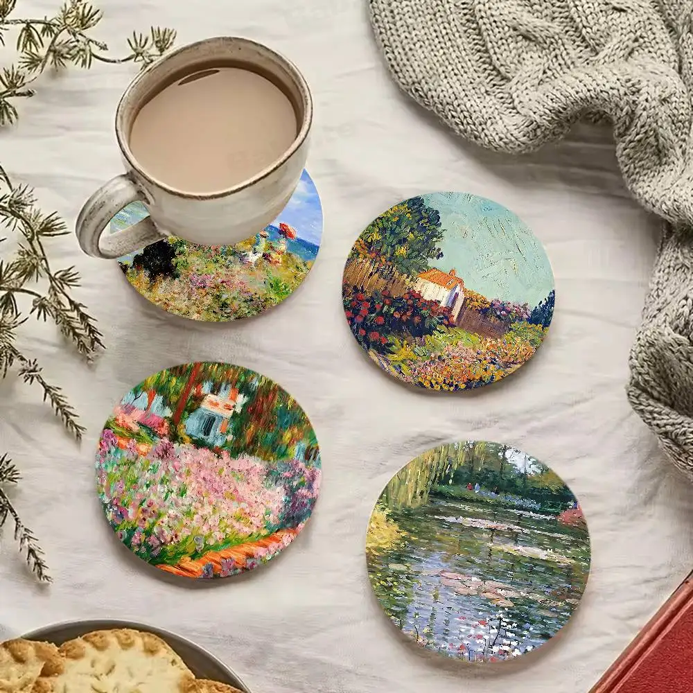 Image of Monet Abstraktes Landschaftskunst-Holzuntersetzer-Set – hitzebeständig für Tee und Kaffee, Heim-Café-Dekoration, Weihnachtsgeschenk