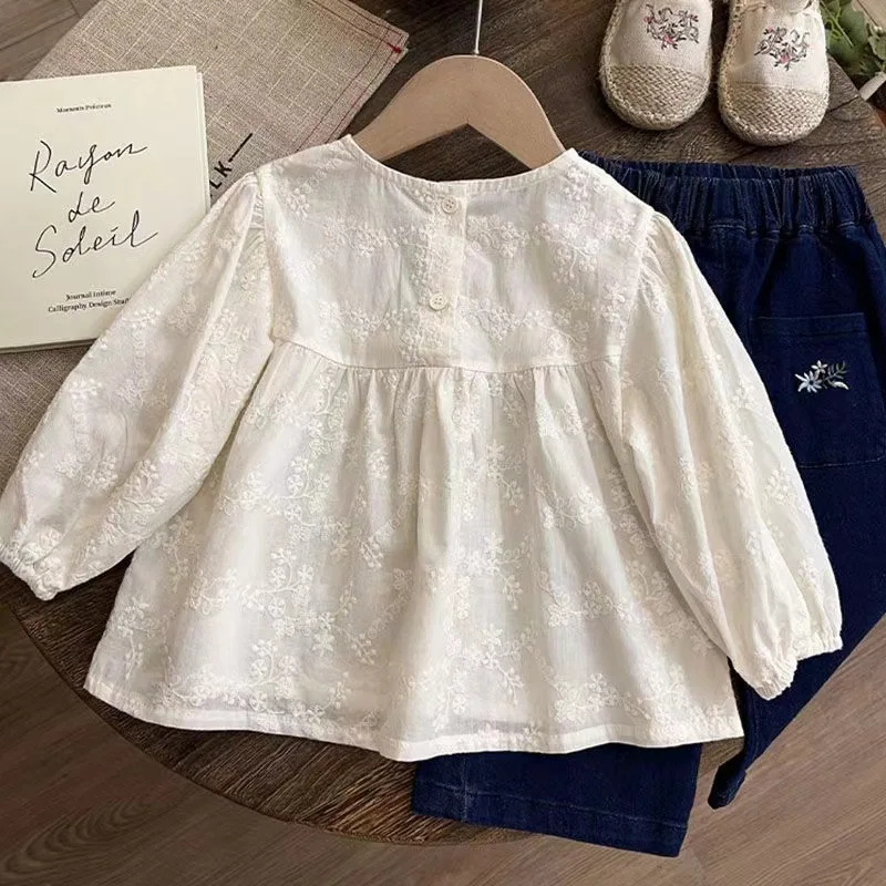 Girls blouse kids bottoming shirt spring and autumn new foreign style baby lace embroidered flower tops