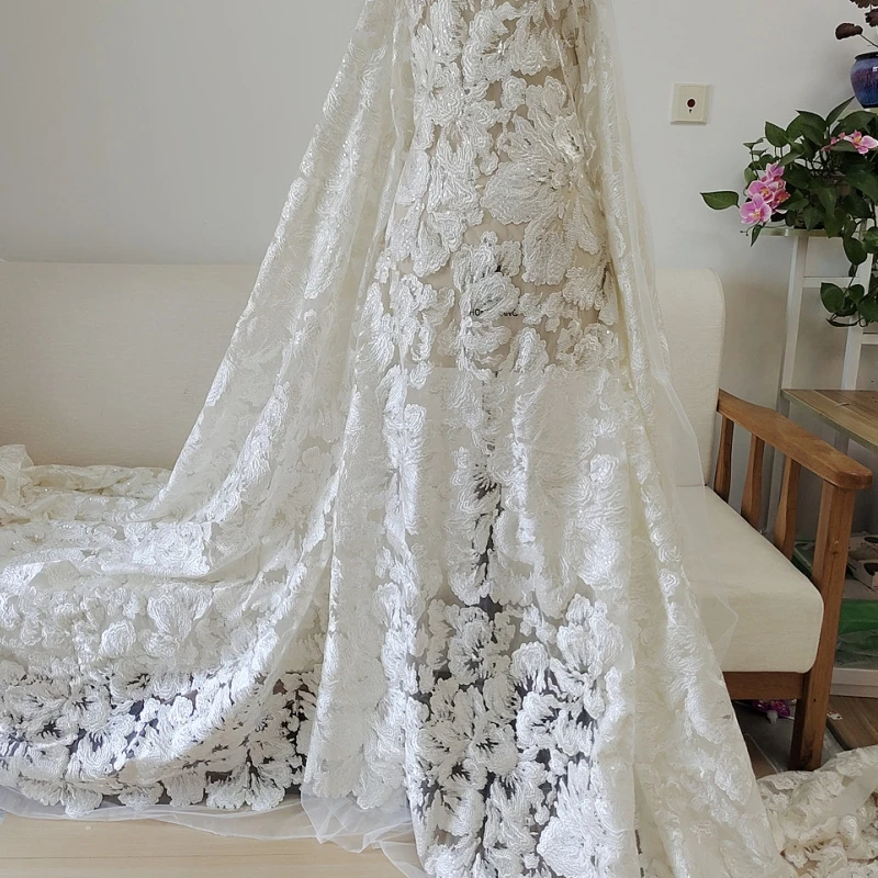 Off White Embroidered Thickening Big Flower Fabric, Handmade DIY Wedding Dress Bridal Dress Sewing Lace Fabric RS4548